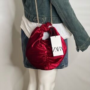 Zara Womens Crossbody Bag Red Velvet Fabric Handle Tie Knot Round Bucket NWT